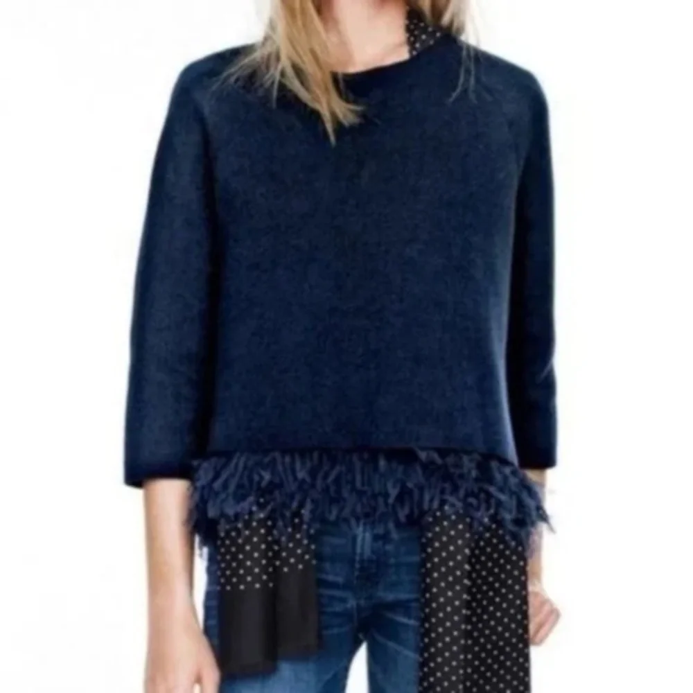 J. Crew Silk Laser Cut Chiffon Fringe 3/4 Sleeve Sweater Top Navy Blue Small‎